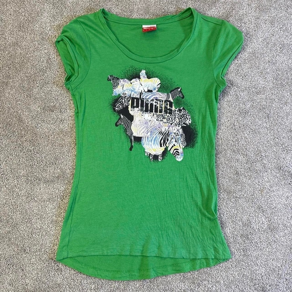 PUMA Green Zebra Print Women's T-Shirt XS Athletic Graphic Tee Activewear